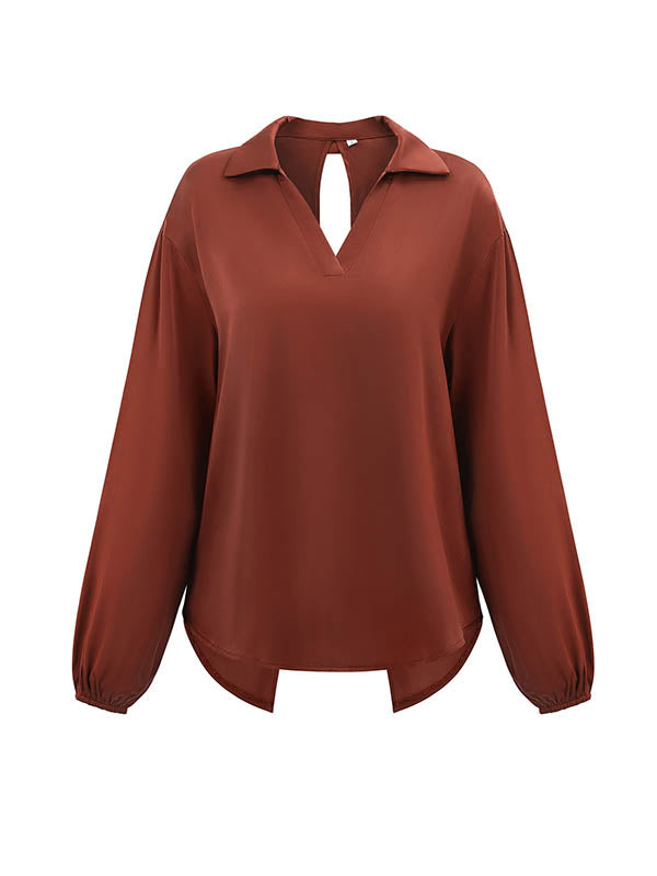 Backless Elasticity Hollow Knot Solid Color High-low Long Sleeves V-neck T-Shirts Tops