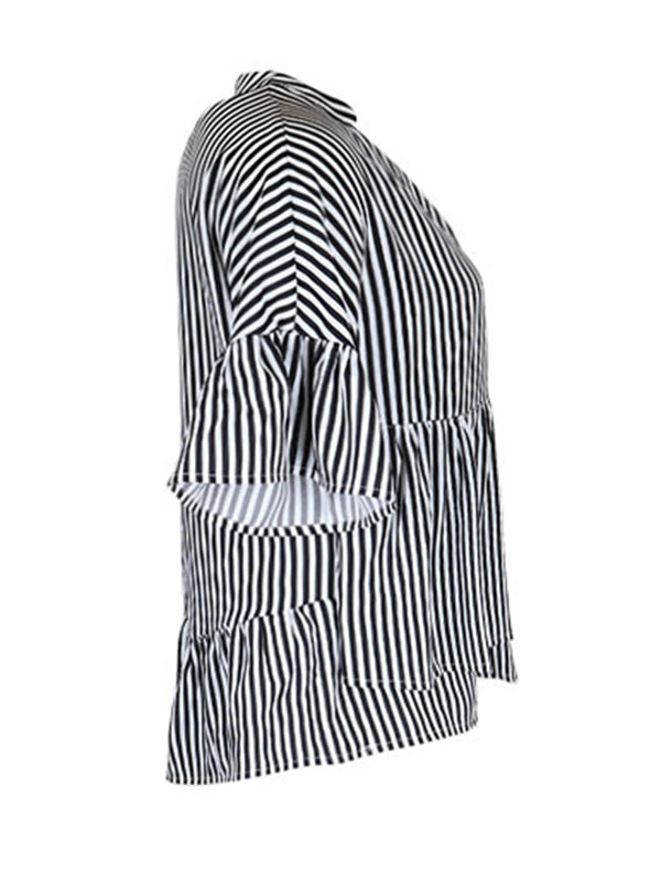 Asymmetric Falbala Pleated Split-Joint Striped Tiered Loose Raglan Sleeve V-Neck Blouses&Shirts Tops