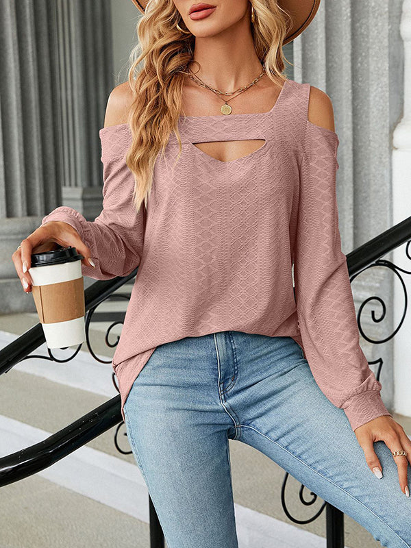 Hollow Jacquard Solid Color Long Sleeves Loose U-Neck T-Shirts Tops