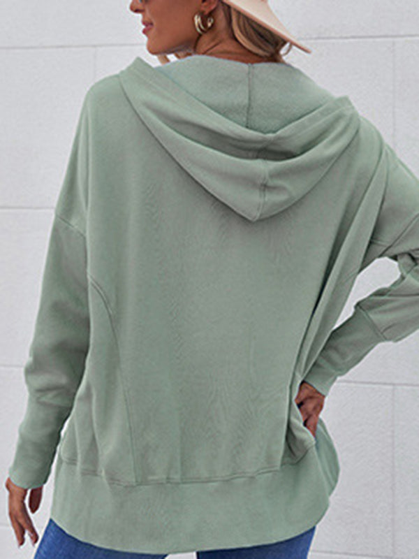 Buttoned Hooded Split-Joint Batwing Sleeves Long Sleeves V-Neck Hoodies Tops