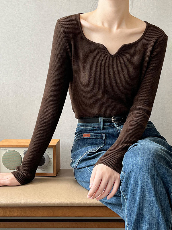 Urban Skinny Long Sleeves Elasticity Solid Color V-Neck Sweater Tops Pullovers