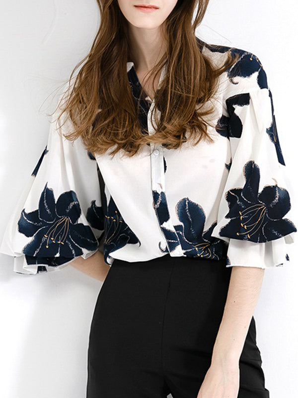 Contrast Color Flower Print Loose V-neck Blouses&shirts Tops