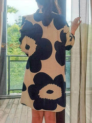 Flower Print Pleated Long Sleeves Loose Mock Neck Mini Dresses