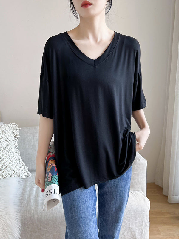 Solid Color Split-Joint Loose Short Sleeves V-neck T-Shirts Tops