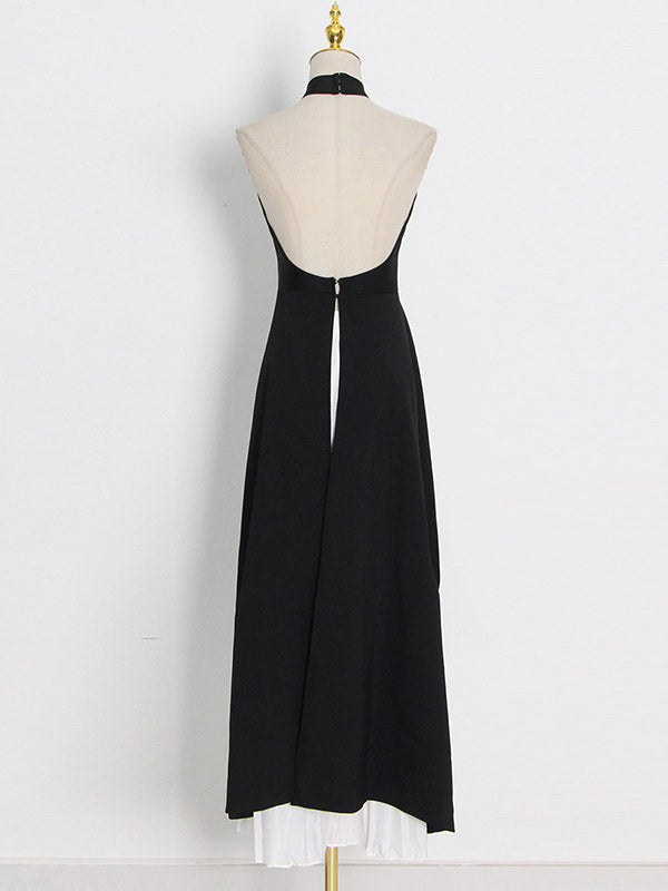 Loose Backless High-Low Mock Neck Vest Top + Pleated Skirts Bottom Two Pieces Set