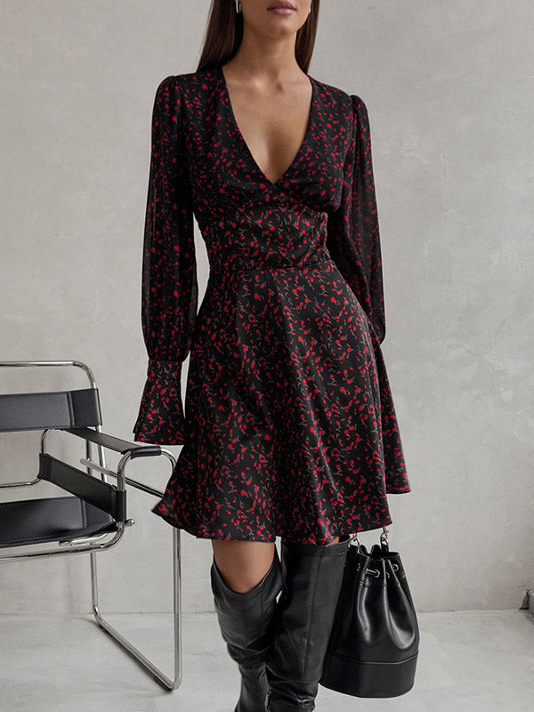 Flower Print Zipper A-Line Flared Sleeves Deep V-Neck Mini Dresses