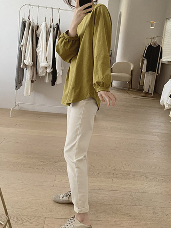 Pleated Solid Color Long Sleeves Loose Round-Neck T-Shirts Tops