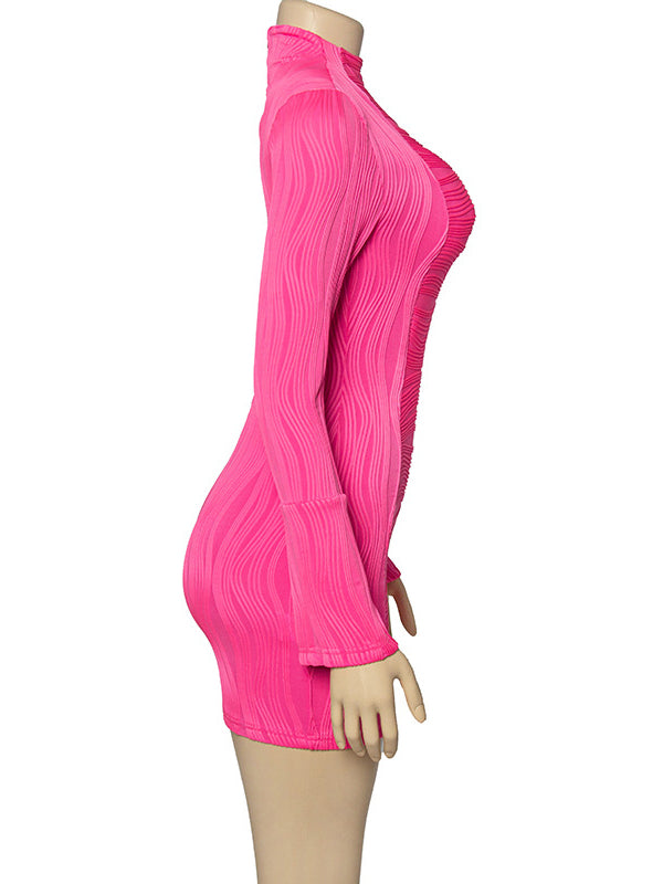 Pleated Solid Color Split-Joint Bodycon Long Sleeves Round-Neck Mini Dresses