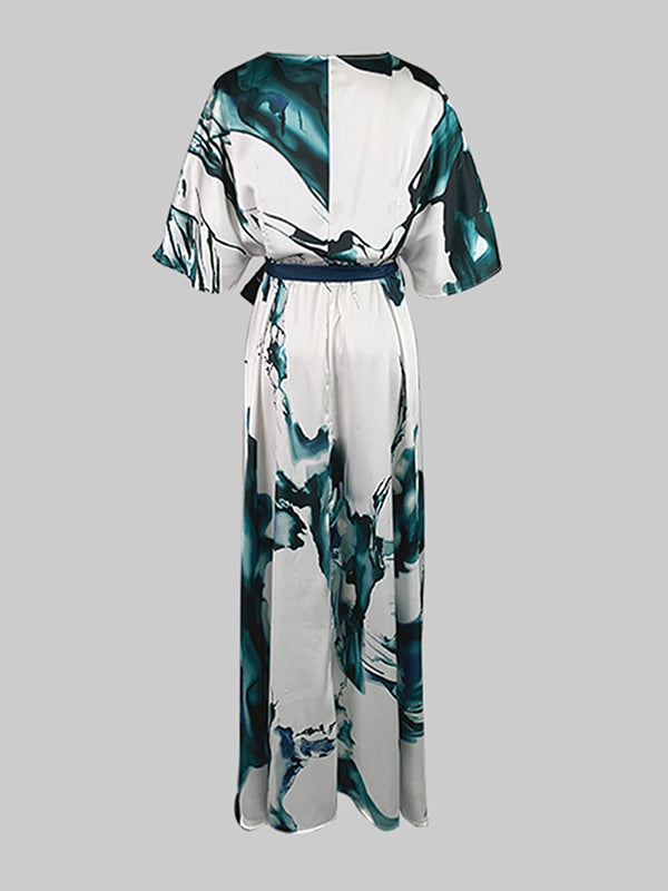 Batwing Sleeves Loose Printed Tied Waist V-Neck Evening Dresses Maxi Dresses