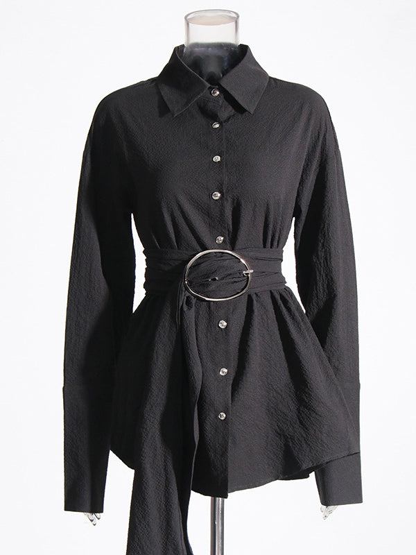 Belted Buttoned Long Sleeves Loose Lapel Shirt Dress Mini Dresses