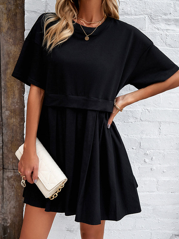Contrast Color Pleated Split-Joint A-Line Half Sleeves Round-Neck Mini Dresses