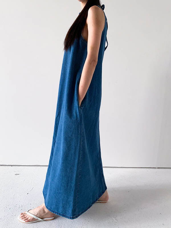 Pockets Solid Color Tied A-Line Loose Round-Neck Maxi Dresses