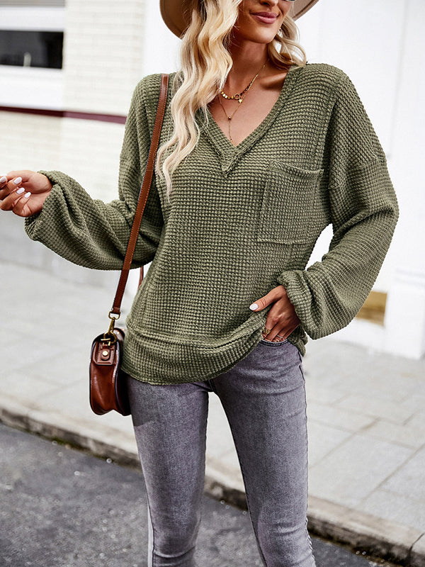 Elasticity Pockets Solid Color Split-Joint Long Sleeves Loose V-Neck T-Shirts Tops
