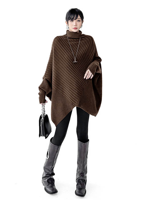 Asymmetric Ribbed Knit Solid Color Split-Joint Batwing Sleeves Irregularity High Neck Sweater Tops