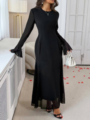 See-Through Solid Color Split-Joint Elasticated Waist Flared Sleeves Round-Neck Maxi Dresses