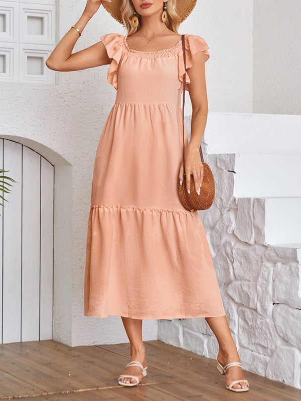 Elasticity Pleated Ruffled Solid Color Split-Joint A-Line Loose Off-The-Shoulder Midi Dresses