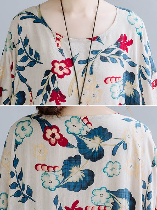 Casual Floral Printed Split-Joint Round-Neck Flared Batwing Sleeves Loose Maxi Dress