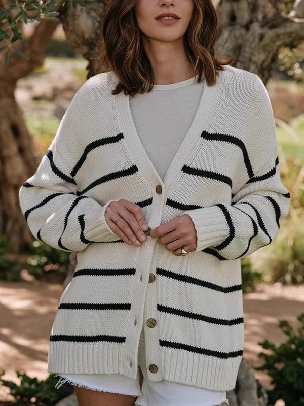 Split-Joint Striped Long Sleeves Loose V-neck Cardigan Tops