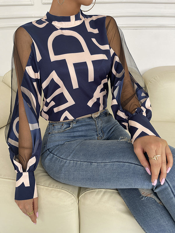 Buttoned Hollow Letter Print See-Through Split-Joint Long Sleeves Round-neck Shirts Tops Blouses&shirts Tops