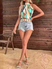 Pleated Printed Loose Sleeveless Halter-Neck Vest Top