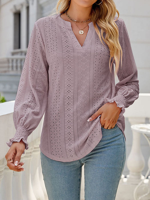 Elasticity Hollow Solid Color Long Sleeves Loose V-neck T-Shirts Tops