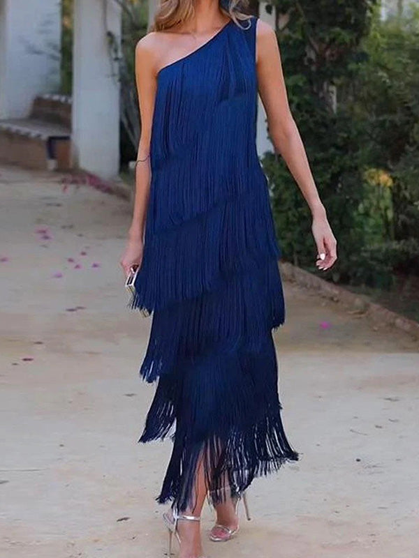 Asymmetric Solid Color Split-Joint Tasseled Loose Sleeveless One-Shoulder Maxi Dresses