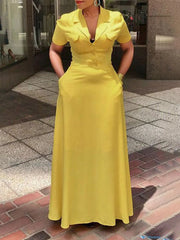 A-Line Loose Buttoned Pockets Solid Color Deep V-Neck Maxi Dresses