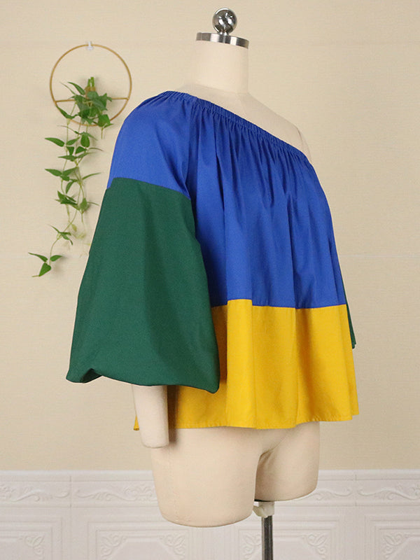 Belted Color-Block Falbala Loose One-Shoulder Shirts Tops