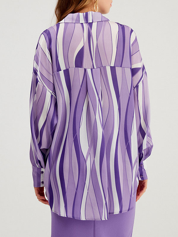 Contrast Color Striped Long Sleeves Loose Lapel Blouses