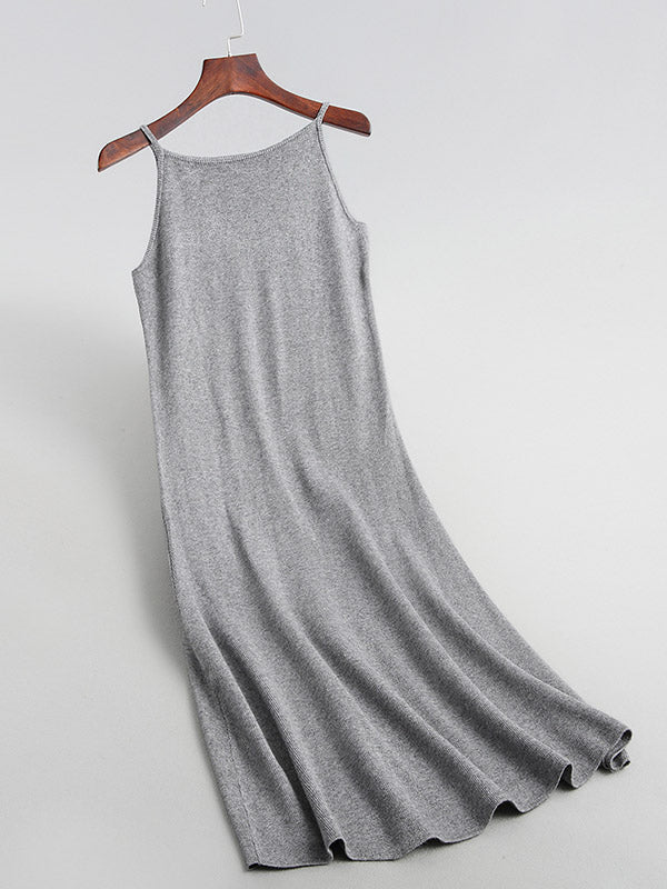Solid Color A-Line High Waisted Spaghetti-Neck Midi Dresses