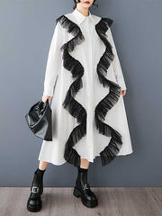 Buttoned Split-Joint A-Line Long Sleeves Lapel Shirt Dress Midi Dresses