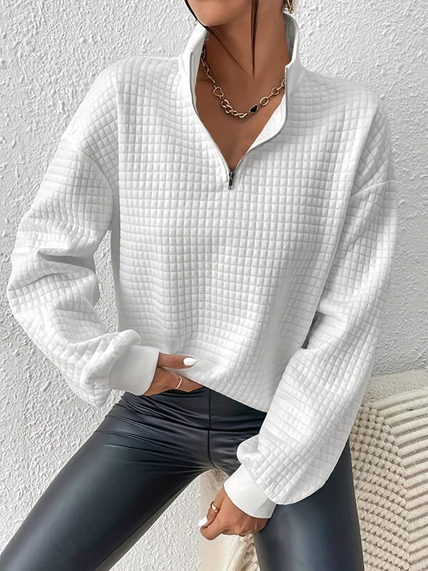 Waffle Check Zipper Long Sleeves Loose Lapel Sweatshirt Tops