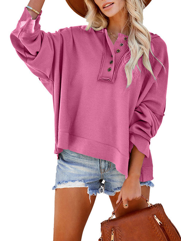 Buttoned Split-Joint Velvet Hooded Long Sleeves Sweatshirt Tops