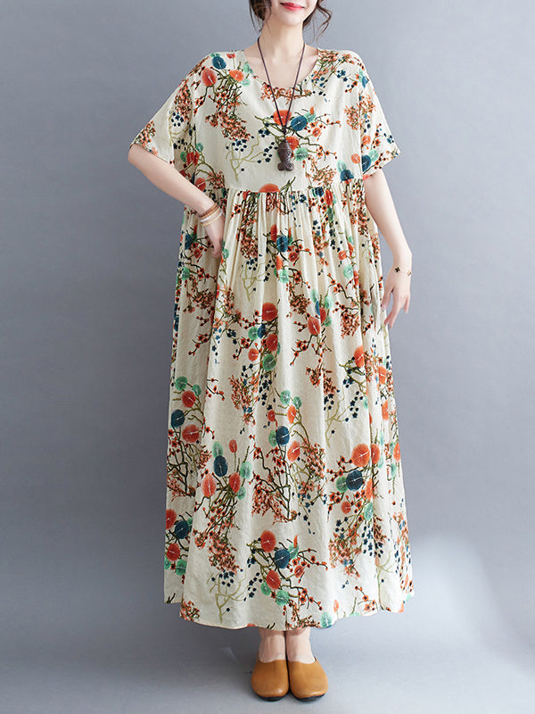 Floral Printed Loose Short Sleeves Round-neck Midi Dresses