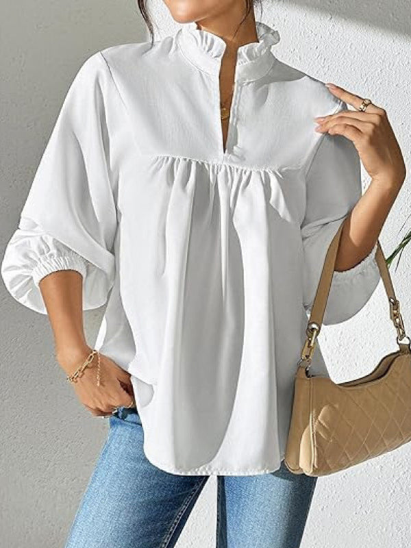 Pleated Ruffled Solid Color Long Sleeves Puff Sleeves Stand Collar Blouses&Shirts Tops