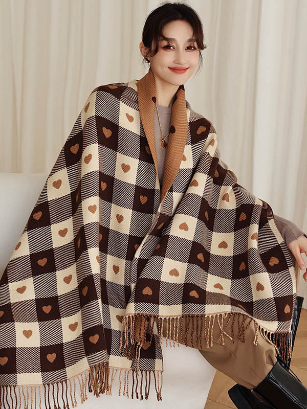 Casual Contrast Color Heart Plaid Jacquard Shawl&Scarf