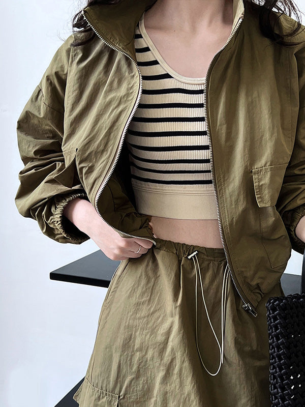 Solid Color Zipper Long Sleeves Loose Drawstring Elasticity Pockets Stand Collar Jacket Top + Split-Back Skirts Bottom Two Pieces Set
