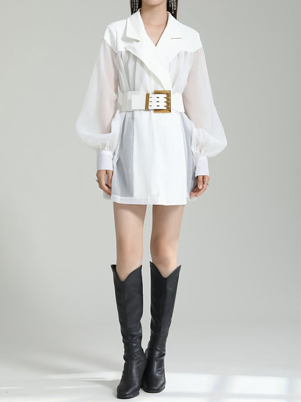 Belted See-Through Puff Sleeves Loose Lapel Blouses&shirts Tops