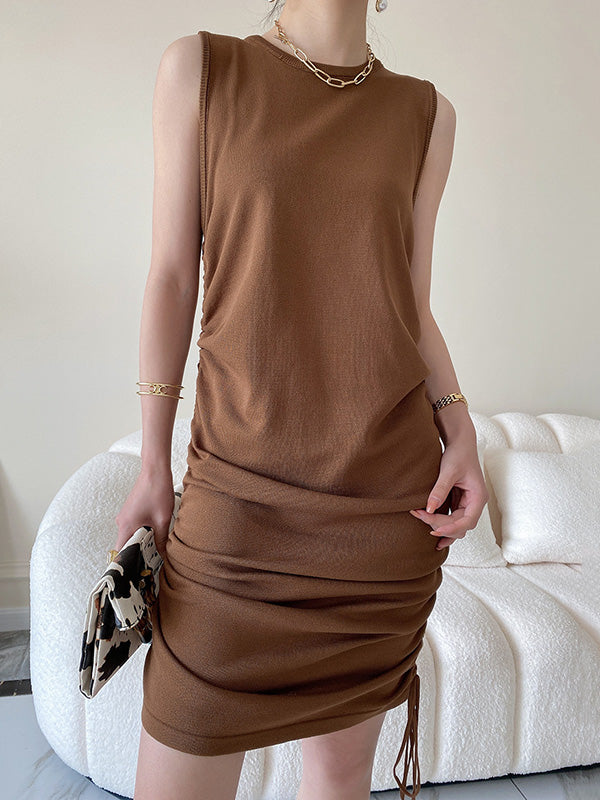 Drawstring Solid Color Loose Sleeveless Round-Neck Mini Dresses