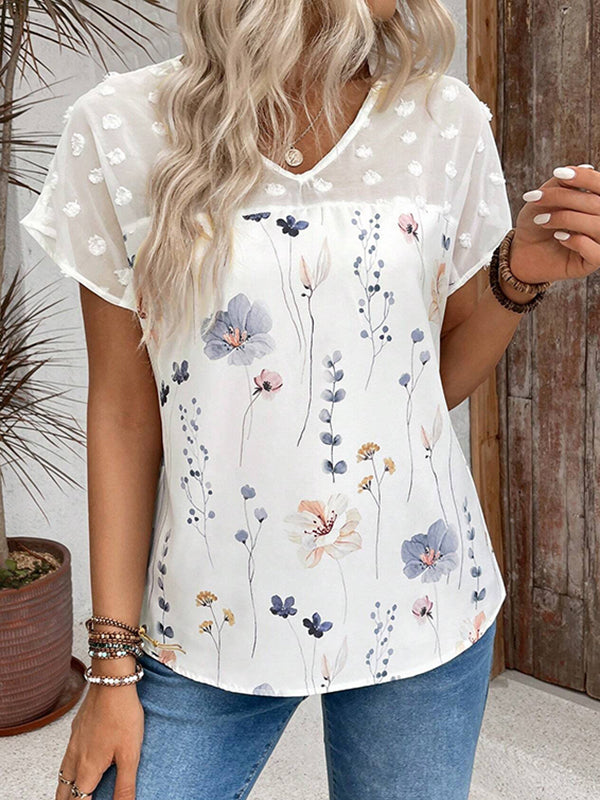 Flower Print Jacquard Split-Joint Loose Short Sleeves V-Neck T-Shirts Tops