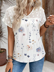 Flower Print Jacquard Split-Joint Loose Short Sleeves V-Neck T-Shirts Tops