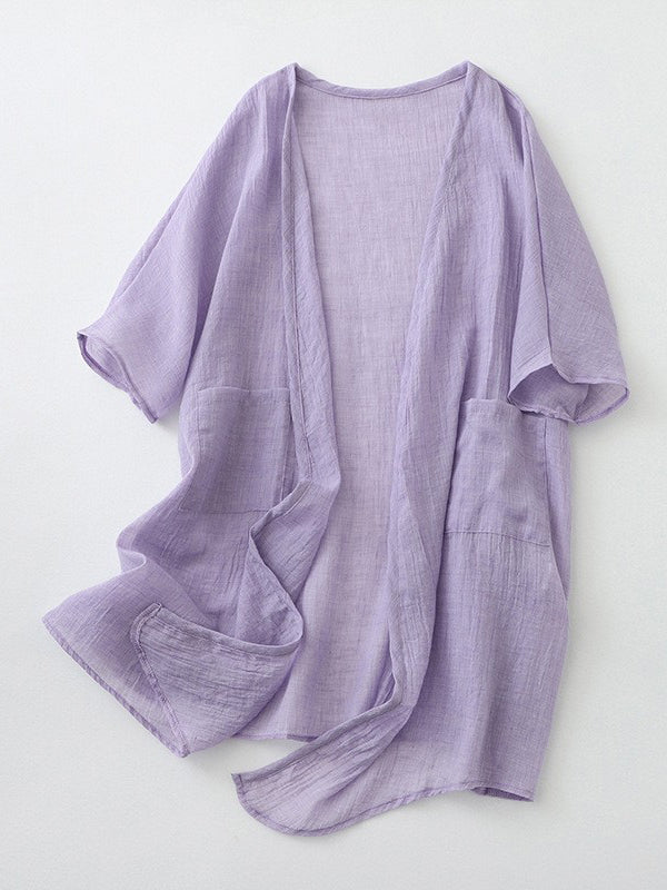 Pleated See-Through Solid Color Loose Short Sleeves Outerwear Cover-Ups Tops
