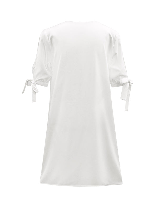 Hollow Split-Joint Half Sleeves Loose V-Neck Mini Dresses