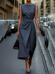 High Waisted Loose Pleated Solid Color Round-Neck Midi Dresses