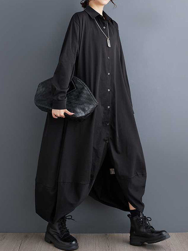 Buttoned Pockets Solid Color Split-Joint A-Line Long Sleeves Lapel Shirt Dress Midi Dresses