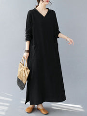 Pockets Solid Color Split-Side A-Line Long Sleeves V-Neck Maxi Dresses