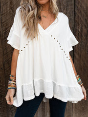 Buttoned Split-Joint Batwing Sleeves High-Low V-Neck T-Shirts Tops