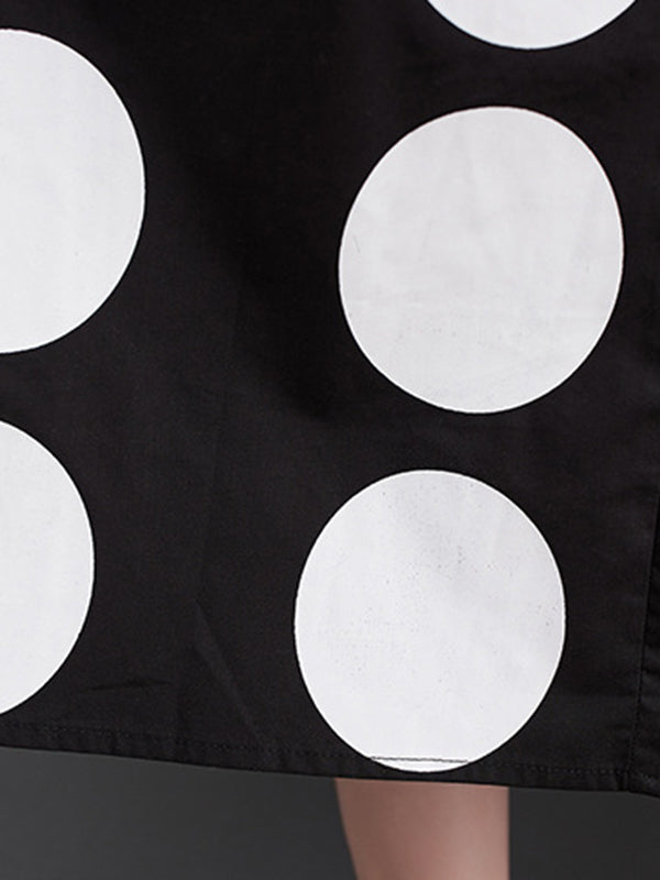 Buttoned Pockets Polka Dot Printed A-line Loose Lapel Midi Dresses