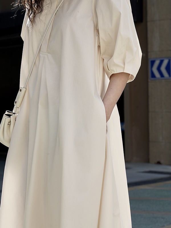 Solid Color Loose Puff Sleeves Round-Neck Midi Dresses