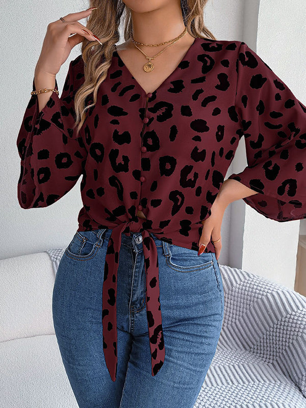 Buttoned Leopard Tied Flared Sleeves Half Sleeves V-Neck Blouses&Shirts Tops